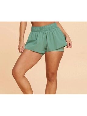 Blogilates Women's Ruffle Woven Mid-Rise Shorts 3" - Hedge Green L